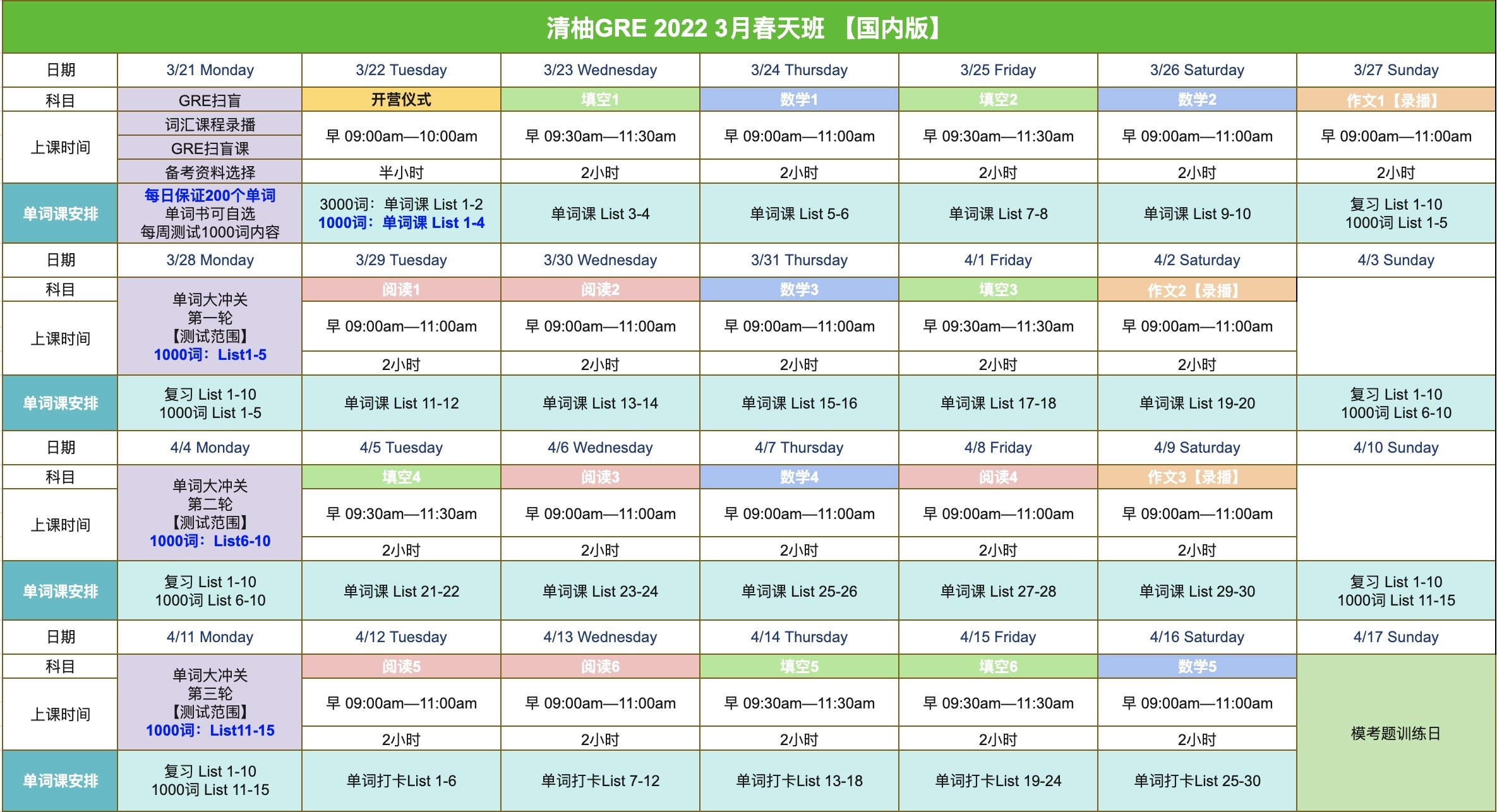 清柚GRE 2022 3月班 课程表